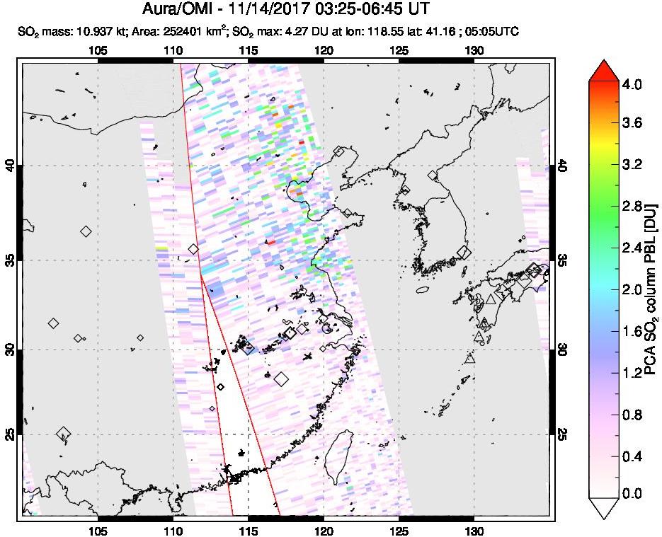 A sulfur dioxide image over Eastern China on Nov 14, 2017.