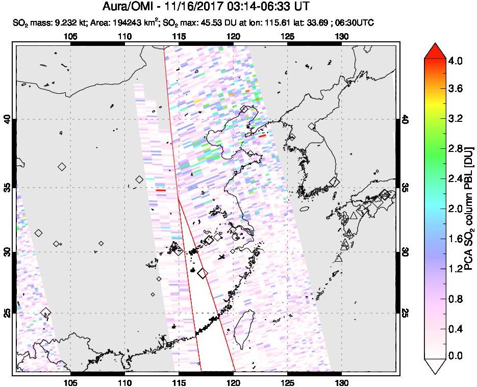 A sulfur dioxide image over Eastern China on Nov 16, 2017.