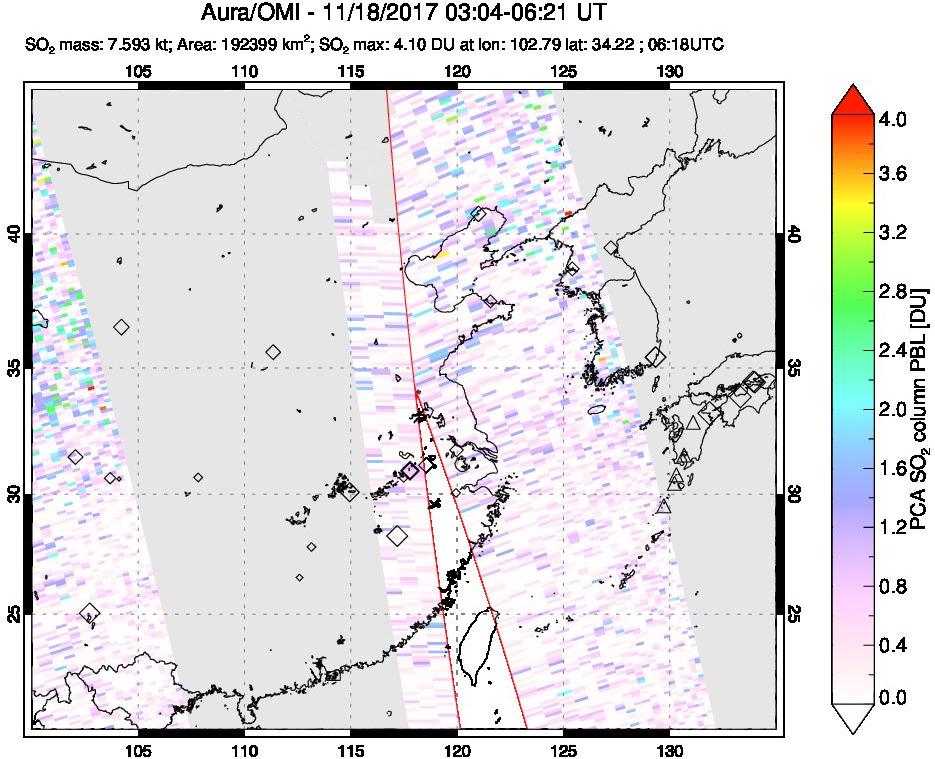 A sulfur dioxide image over Eastern China on Nov 18, 2017.