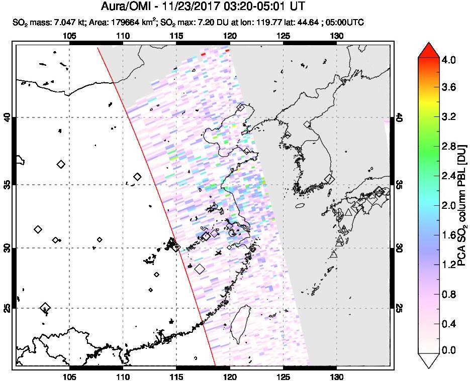 A sulfur dioxide image over Eastern China on Nov 23, 2017.