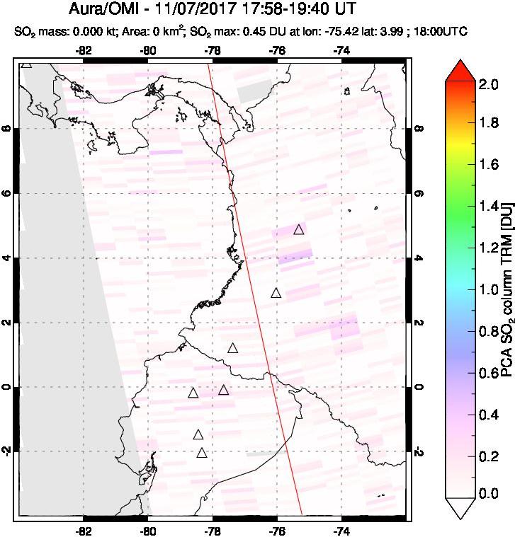 A sulfur dioxide image over Ecuador on Nov 07, 2017.
