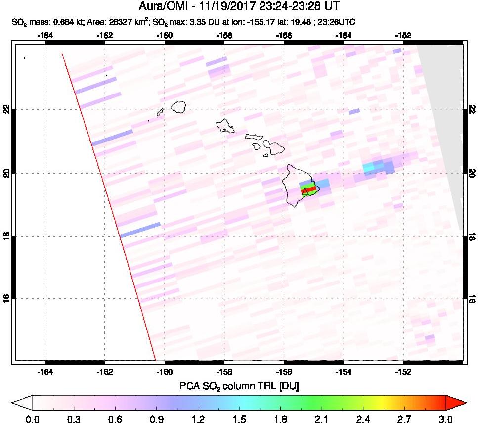 A sulfur dioxide image over Hawaii, USA on Nov 19, 2017.