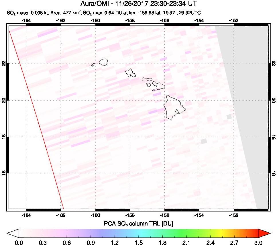 A sulfur dioxide image over Hawaii, USA on Nov 26, 2017.