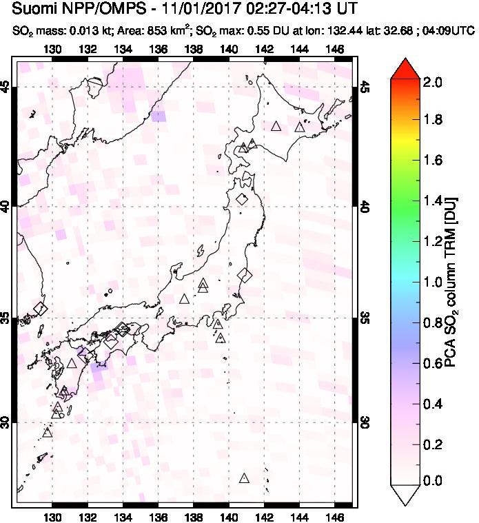 A sulfur dioxide image over Japan on Nov 01, 2017.