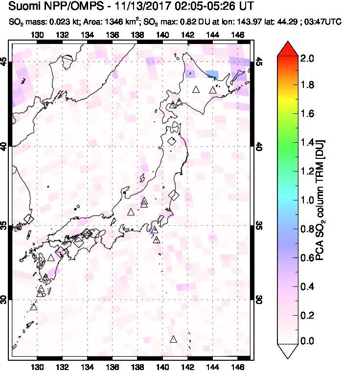 A sulfur dioxide image over Japan on Nov 13, 2017.