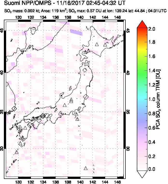 A sulfur dioxide image over Japan on Nov 16, 2017.