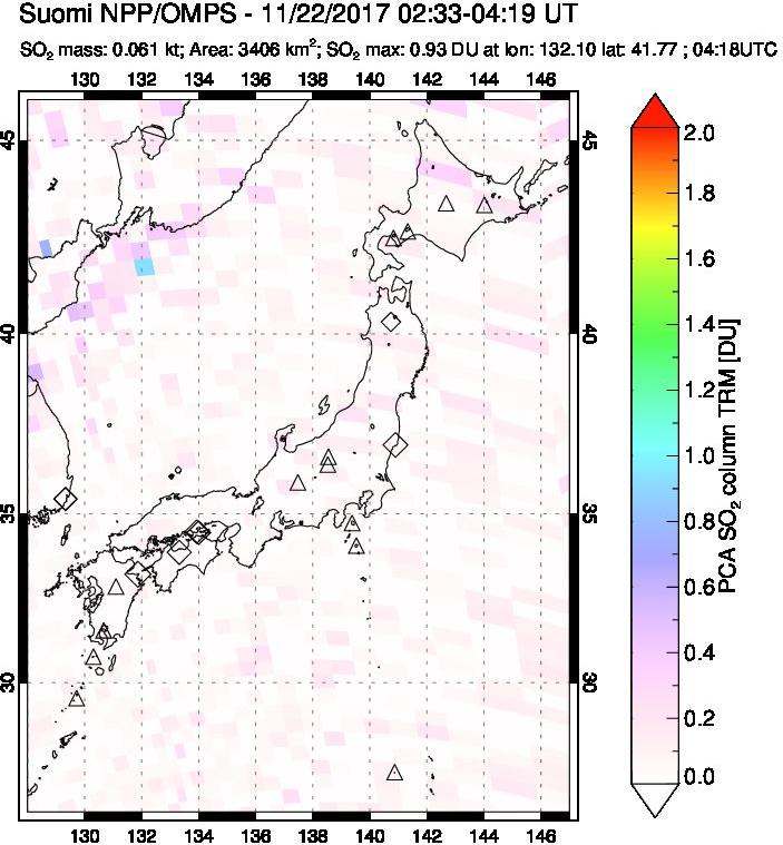 A sulfur dioxide image over Japan on Nov 22, 2017.