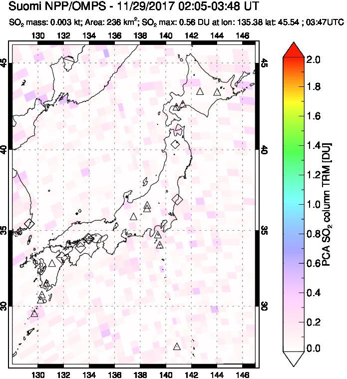A sulfur dioxide image over Japan on Nov 29, 2017.