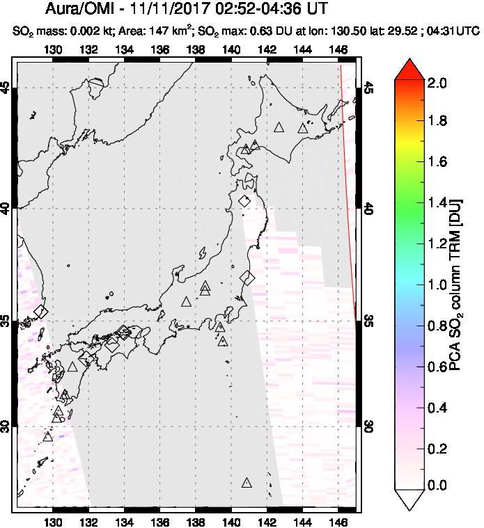 A sulfur dioxide image over Japan on Nov 11, 2017.