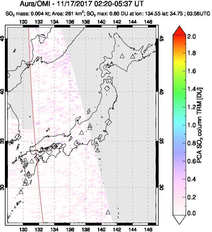 A sulfur dioxide image over Japan on Nov 17, 2017.