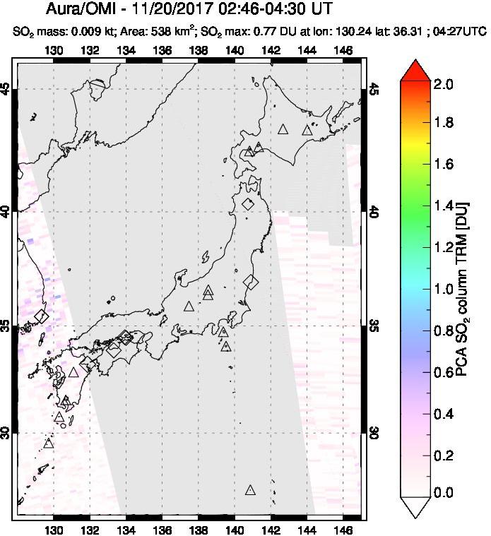 A sulfur dioxide image over Japan on Nov 20, 2017.