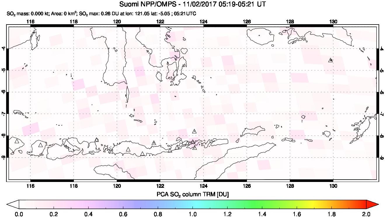 A sulfur dioxide image over Lesser Sunda Islands, Indonesia on Nov 02, 2017.