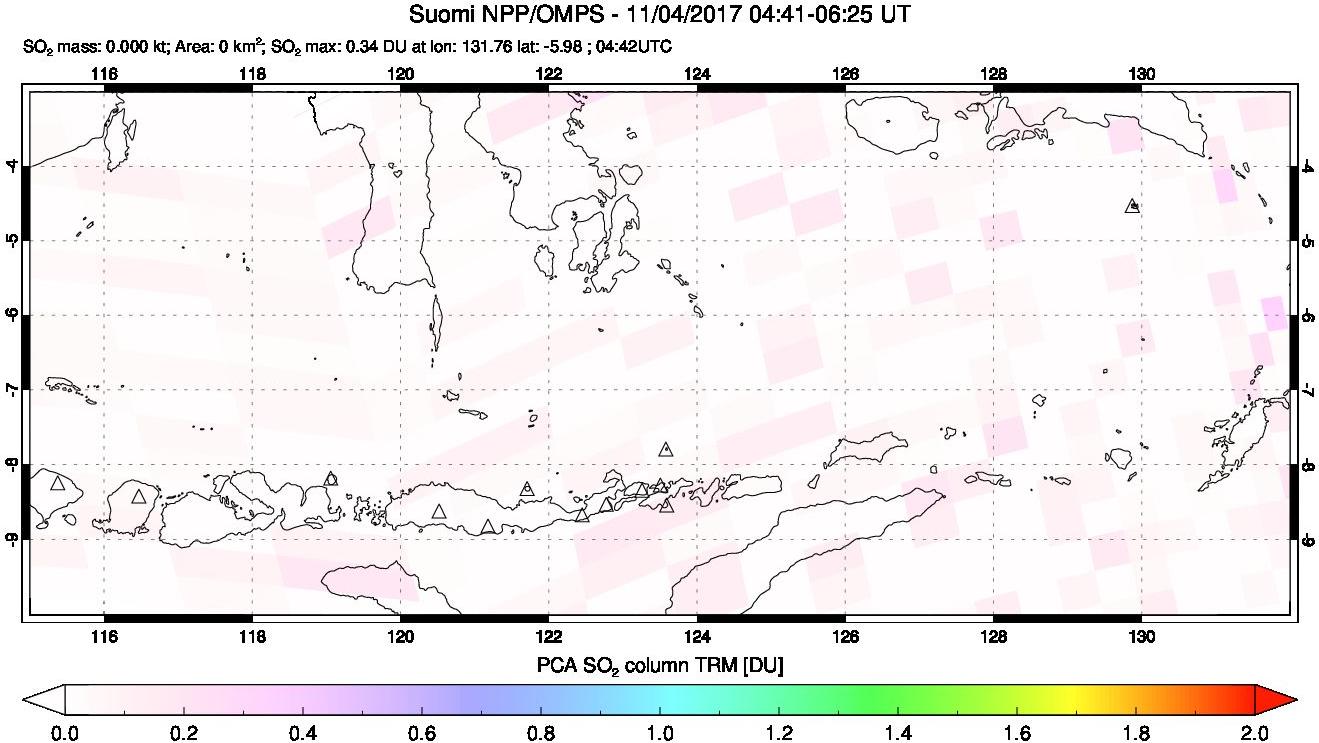A sulfur dioxide image over Lesser Sunda Islands, Indonesia on Nov 04, 2017.