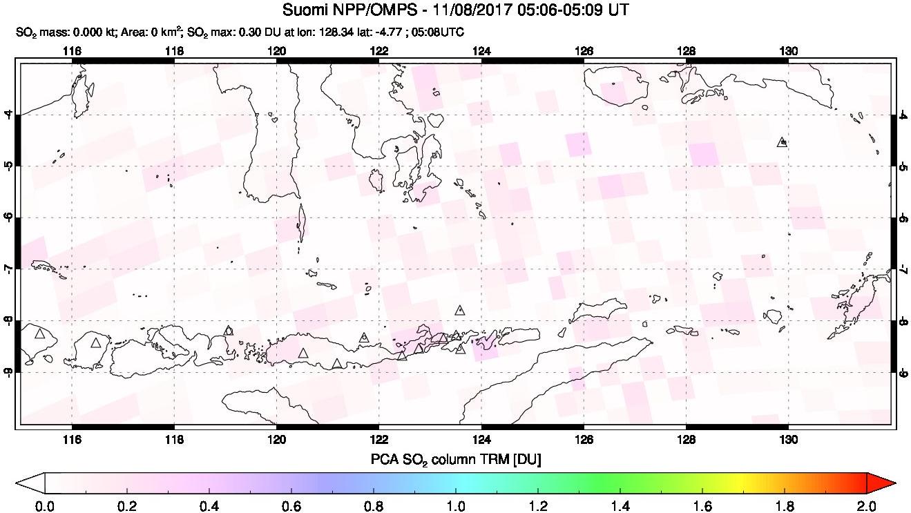 A sulfur dioxide image over Lesser Sunda Islands, Indonesia on Nov 08, 2017.