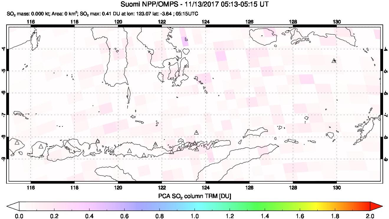 A sulfur dioxide image over Lesser Sunda Islands, Indonesia on Nov 13, 2017.