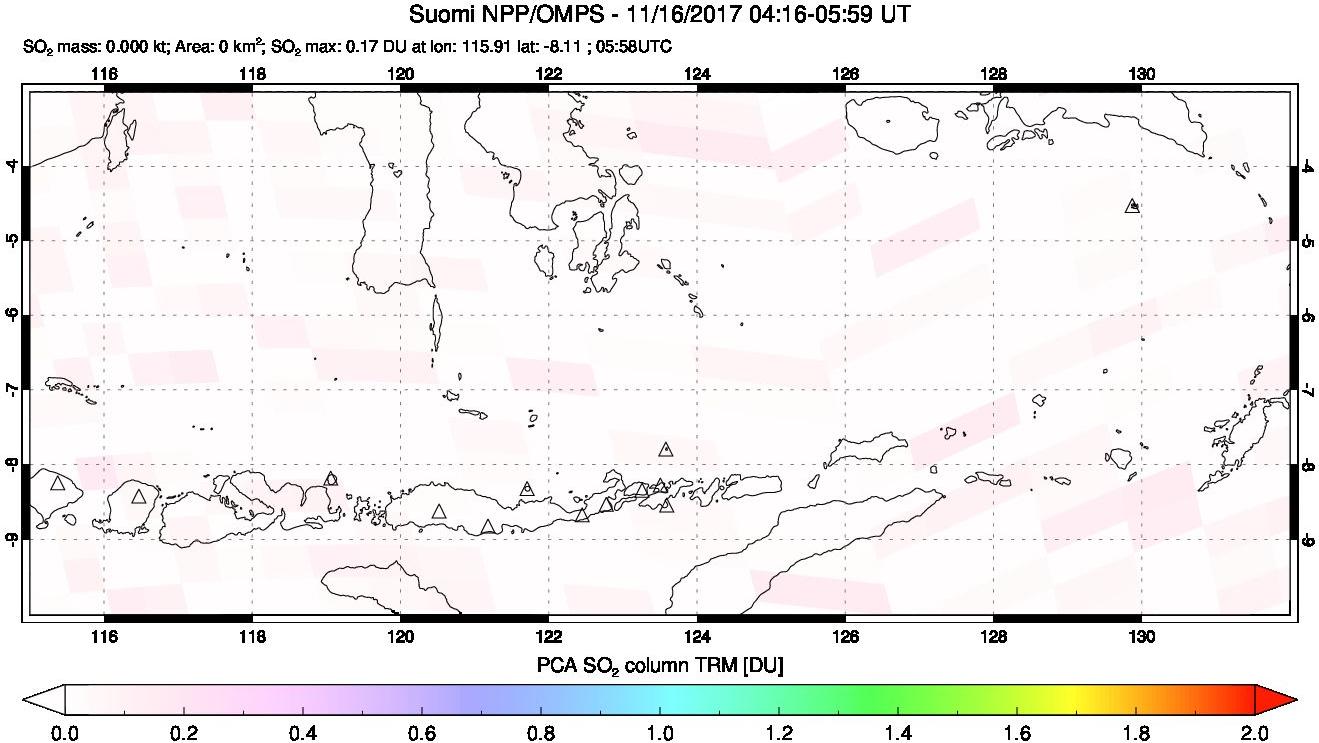 A sulfur dioxide image over Lesser Sunda Islands, Indonesia on Nov 16, 2017.