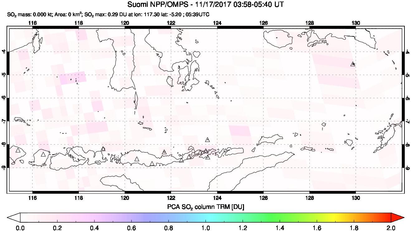 A sulfur dioxide image over Lesser Sunda Islands, Indonesia on Nov 17, 2017.