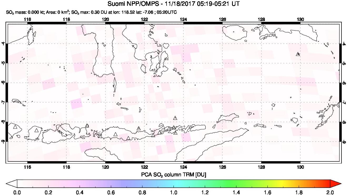 A sulfur dioxide image over Lesser Sunda Islands, Indonesia on Nov 18, 2017.