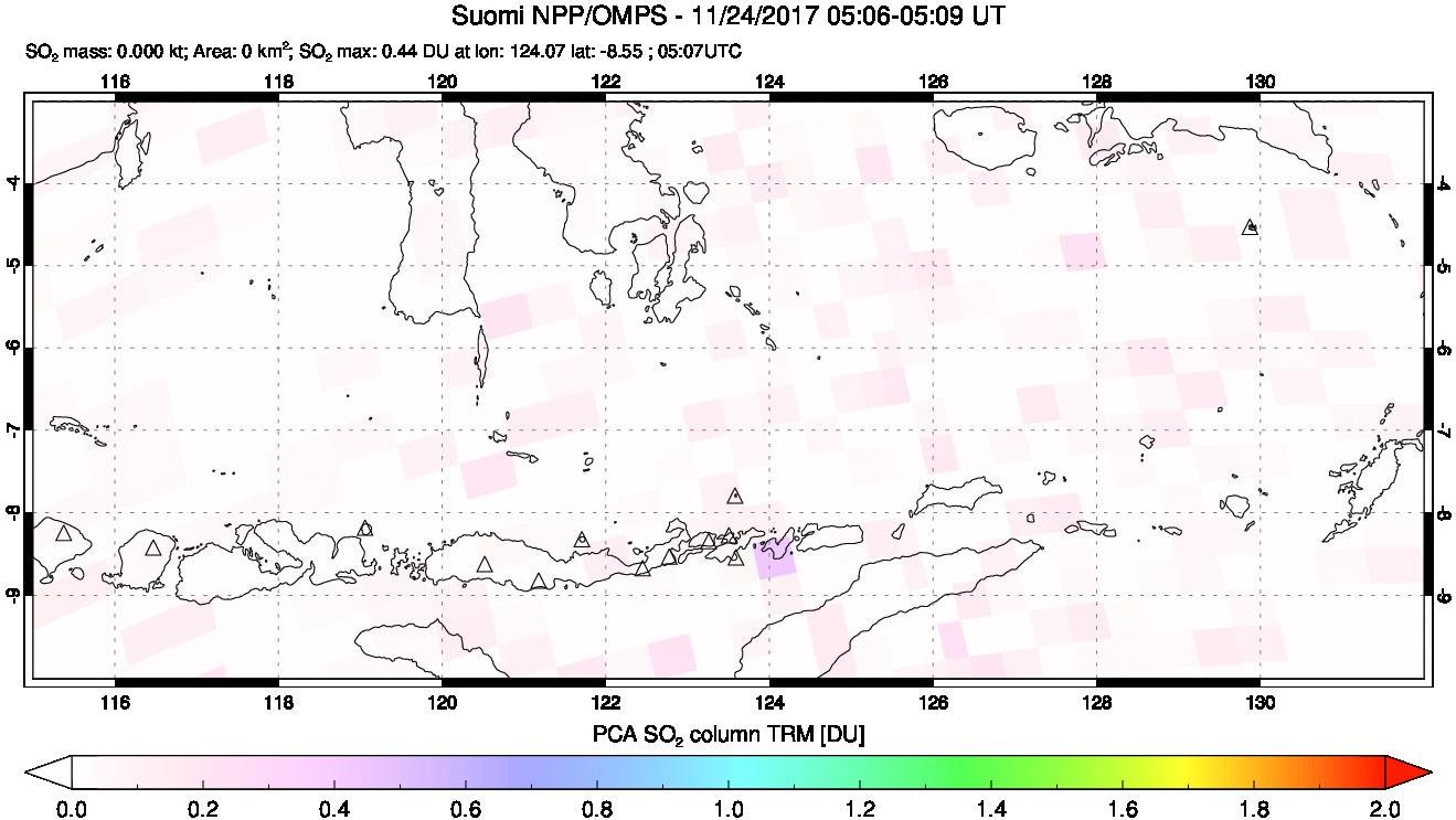 A sulfur dioxide image over Lesser Sunda Islands, Indonesia on Nov 24, 2017.