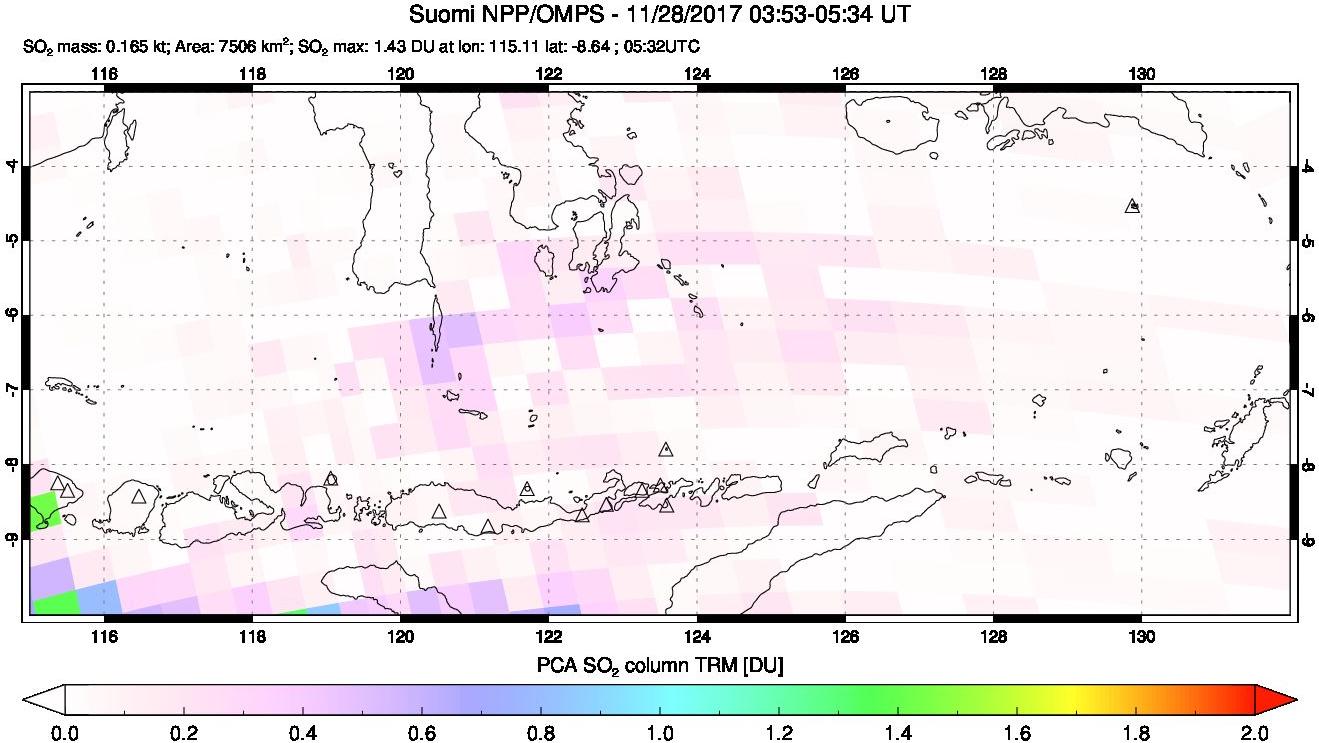 A sulfur dioxide image over Lesser Sunda Islands, Indonesia on Nov 28, 2017.