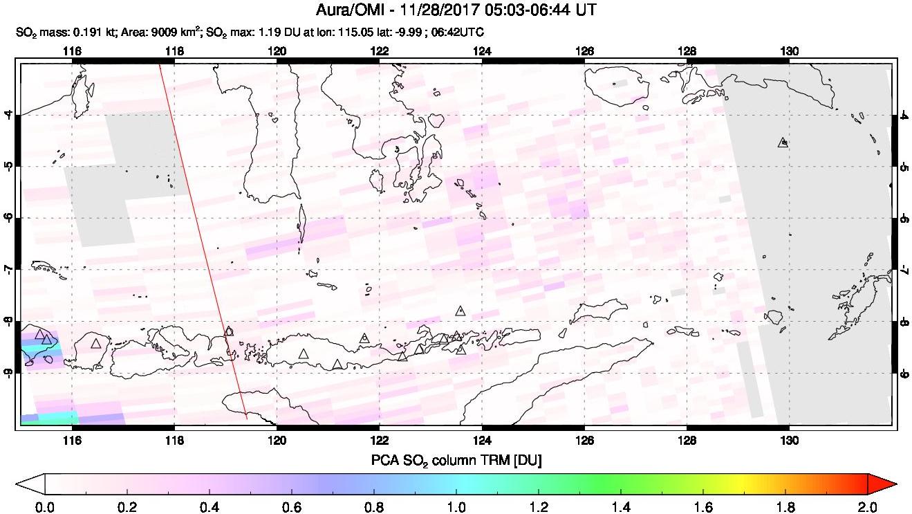 A sulfur dioxide image over Lesser Sunda Islands, Indonesia on Nov 28, 2017.