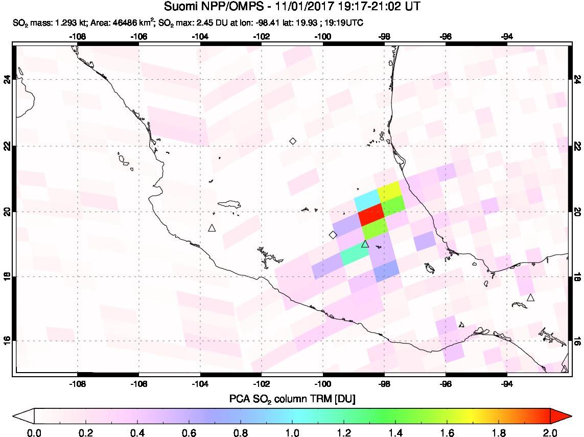 A sulfur dioxide image over Mexico on Nov 01, 2017.