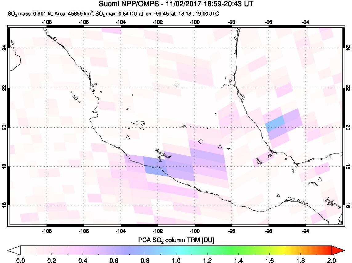 A sulfur dioxide image over Mexico on Nov 02, 2017.