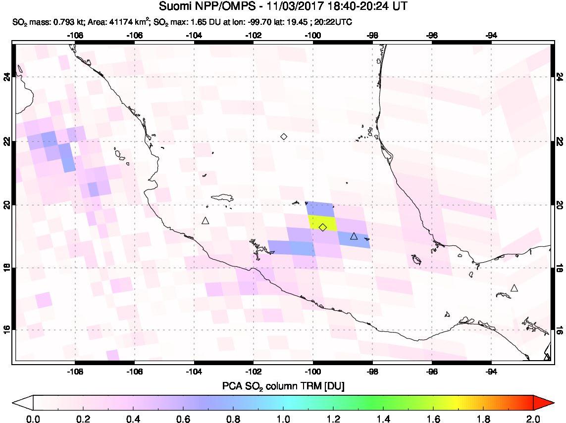 A sulfur dioxide image over Mexico on Nov 03, 2017.