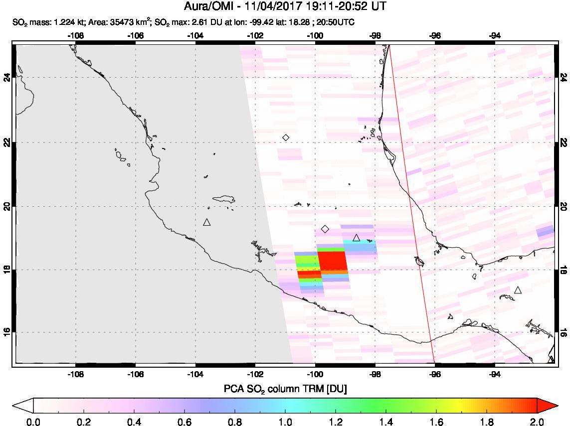 A sulfur dioxide image over Mexico on Nov 04, 2017.