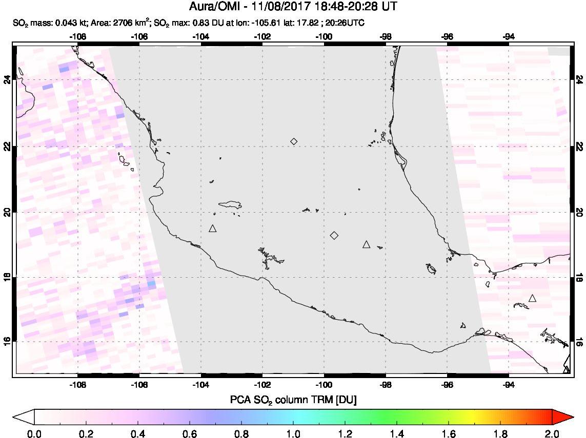 A sulfur dioxide image over Mexico on Nov 08, 2017.