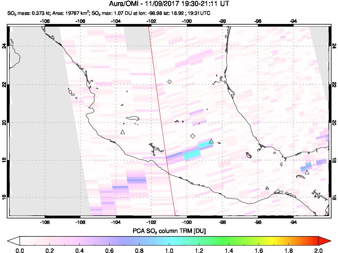 A sulfur dioxide image over Mexico on Nov 09, 2017.