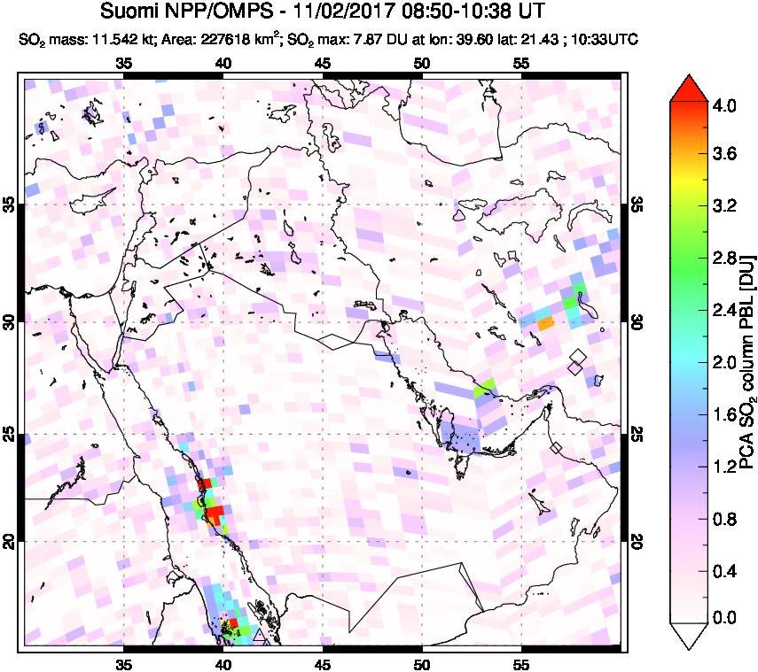 A sulfur dioxide image over Middle East on Nov 02, 2017.