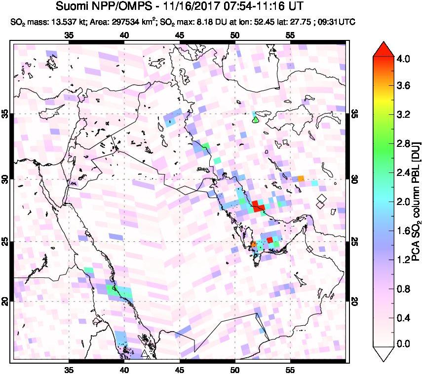 A sulfur dioxide image over Middle East on Nov 16, 2017.