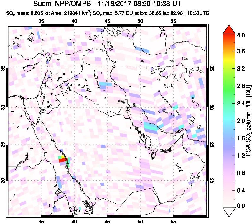 A sulfur dioxide image over Middle East on Nov 18, 2017.