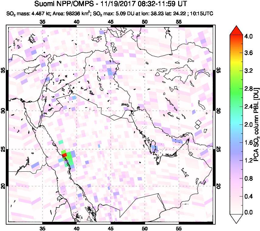 A sulfur dioxide image over Middle East on Nov 19, 2017.