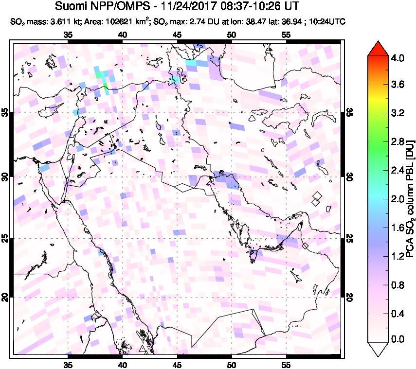 A sulfur dioxide image over Middle East on Nov 24, 2017.