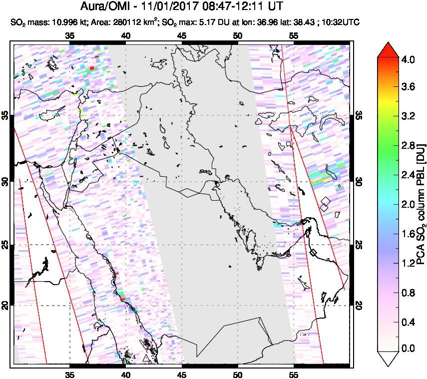 A sulfur dioxide image over Middle East on Nov 01, 2017.