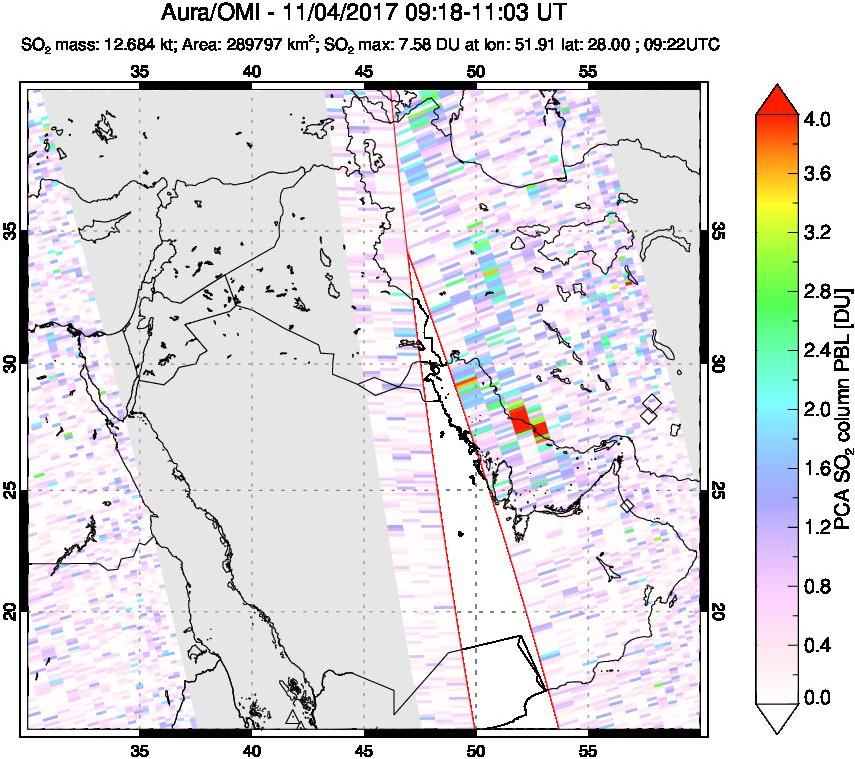 A sulfur dioxide image over Middle East on Nov 04, 2017.