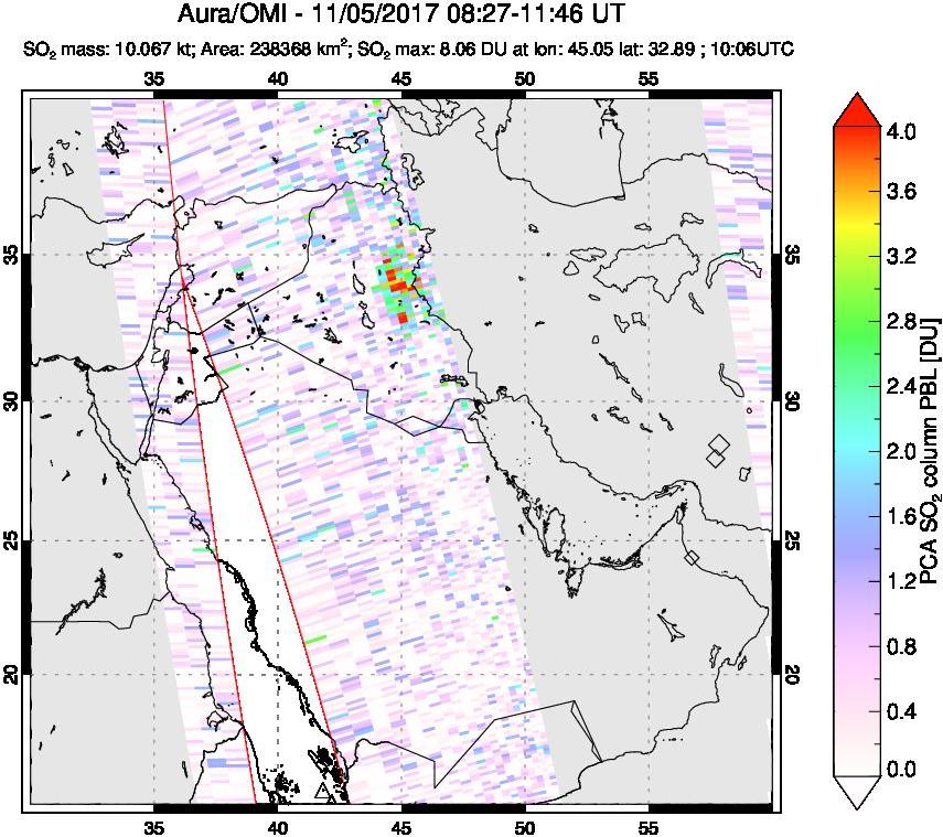 A sulfur dioxide image over Middle East on Nov 05, 2017.