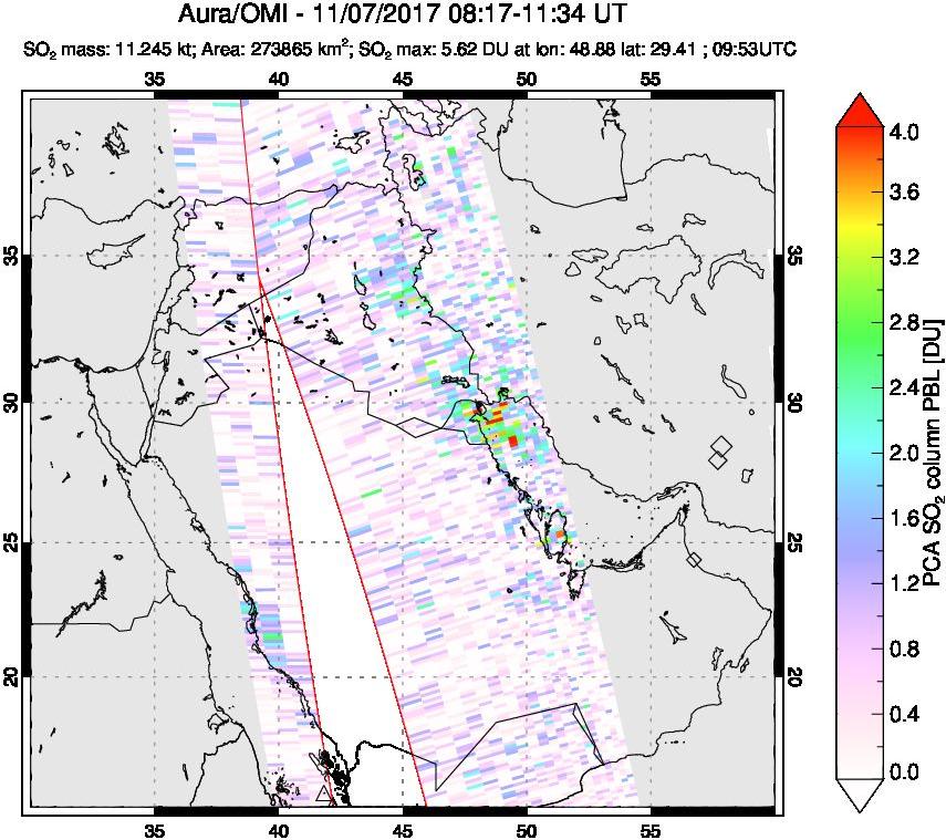 A sulfur dioxide image over Middle East on Nov 07, 2017.