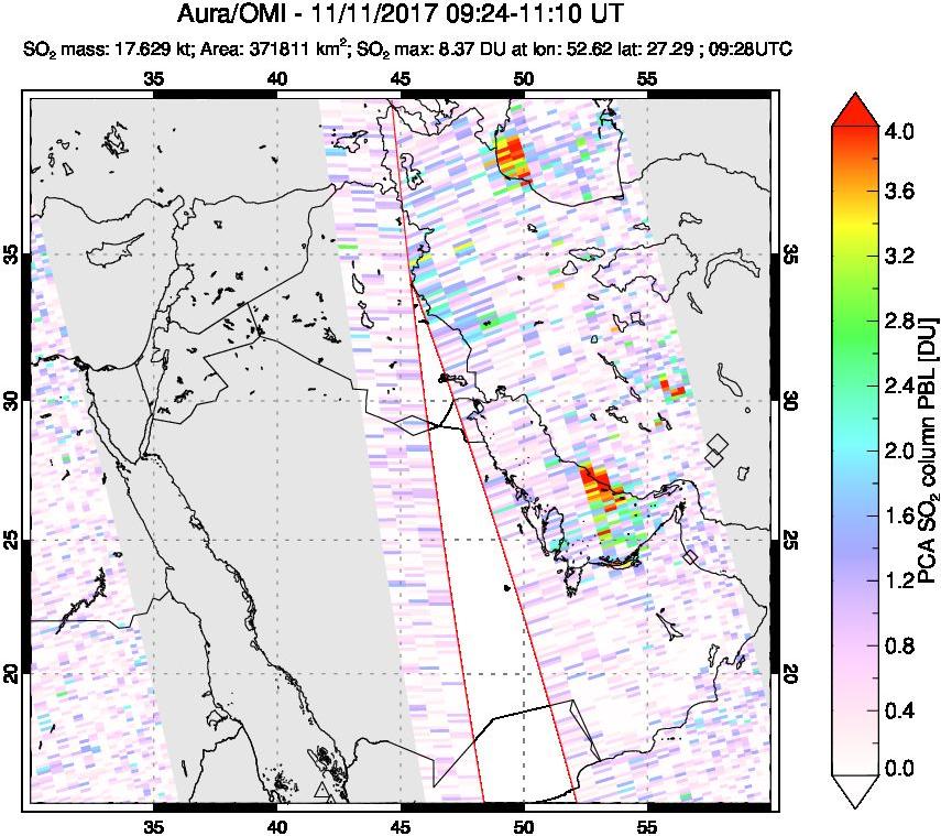A sulfur dioxide image over Middle East on Nov 11, 2017.