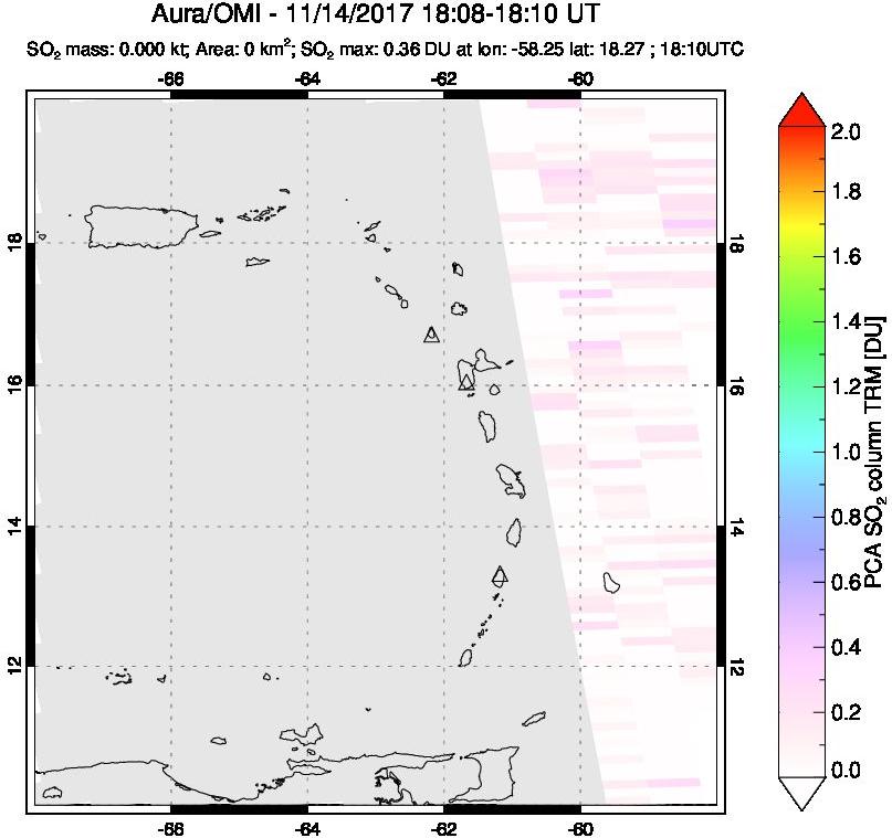 A sulfur dioxide image over Montserrat, West Indies on Nov 14, 2017.