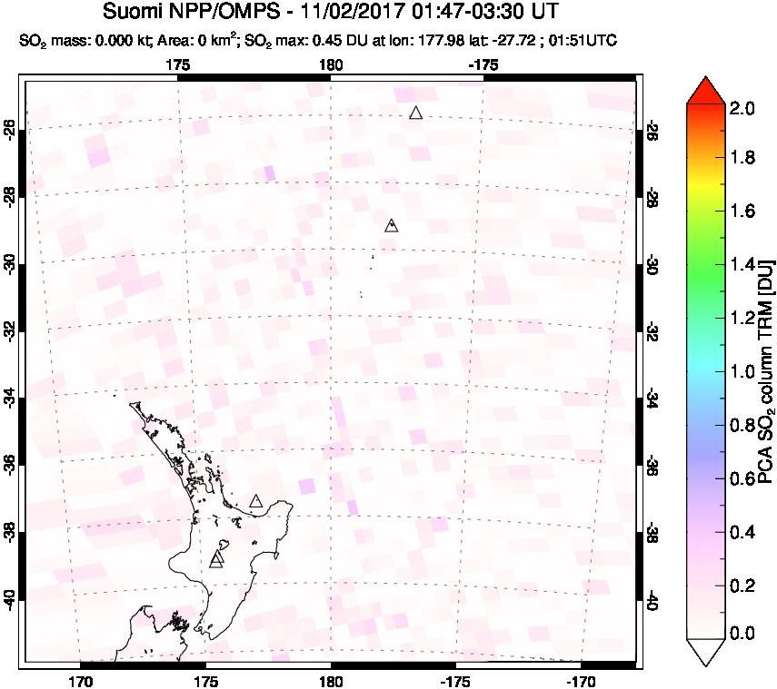 A sulfur dioxide image over New Zealand on Nov 02, 2017.