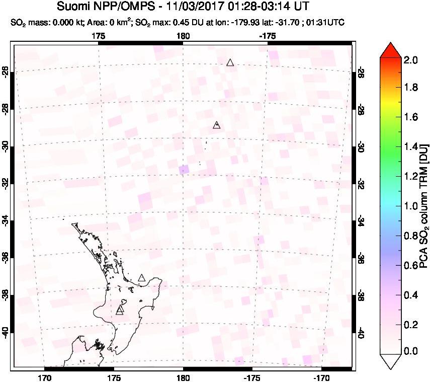 A sulfur dioxide image over New Zealand on Nov 03, 2017.