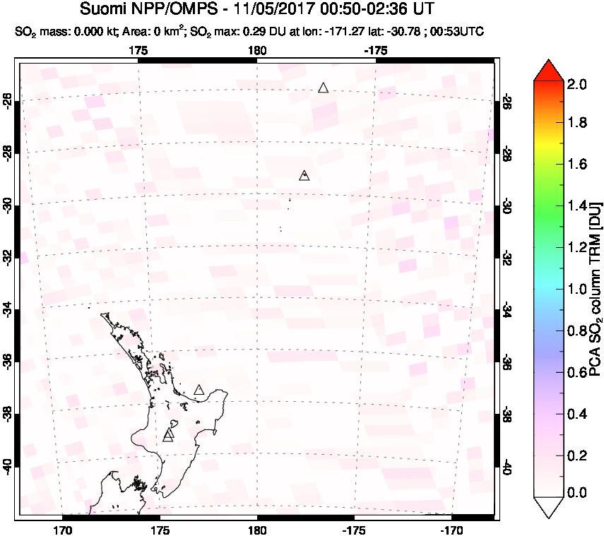 A sulfur dioxide image over New Zealand on Nov 05, 2017.