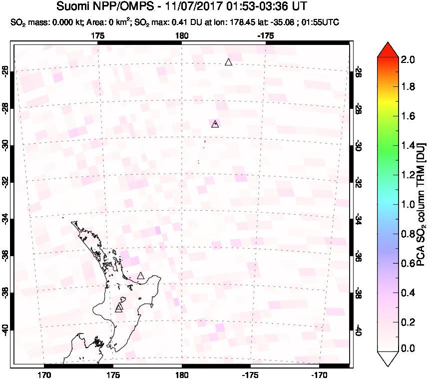 A sulfur dioxide image over New Zealand on Nov 07, 2017.