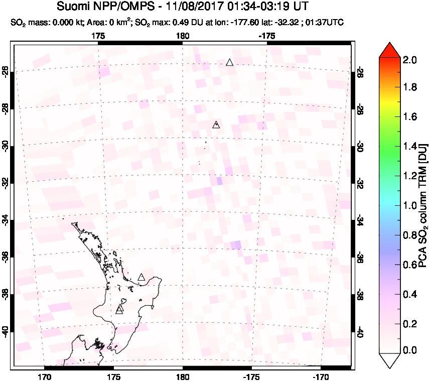 A sulfur dioxide image over New Zealand on Nov 08, 2017.