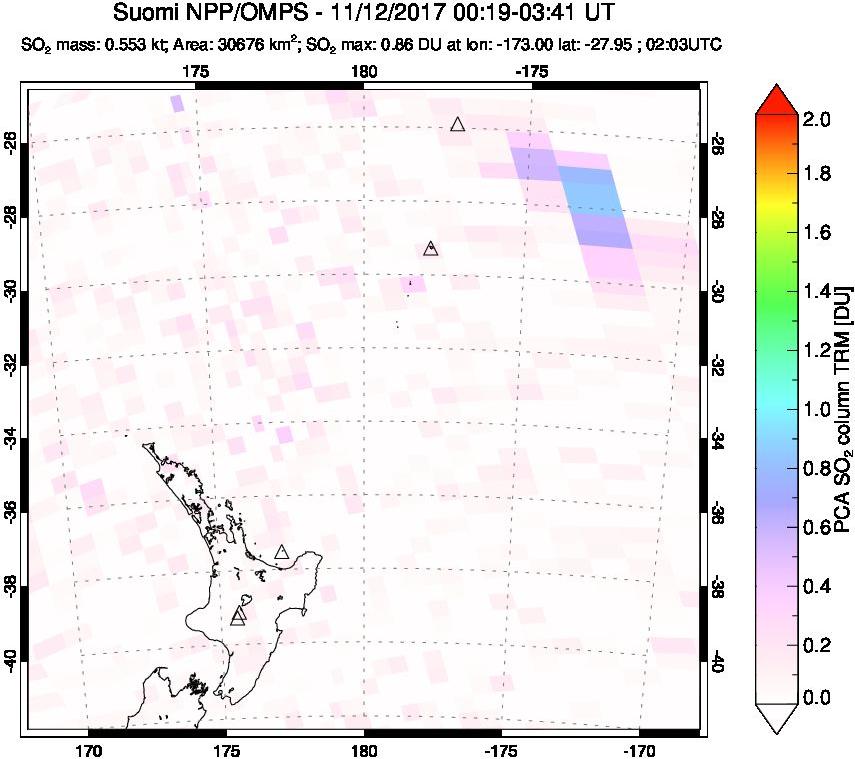 A sulfur dioxide image over New Zealand on Nov 12, 2017.