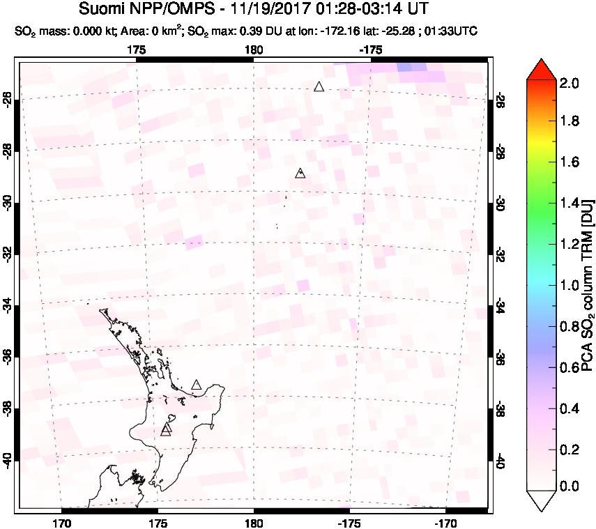 A sulfur dioxide image over New Zealand on Nov 19, 2017.