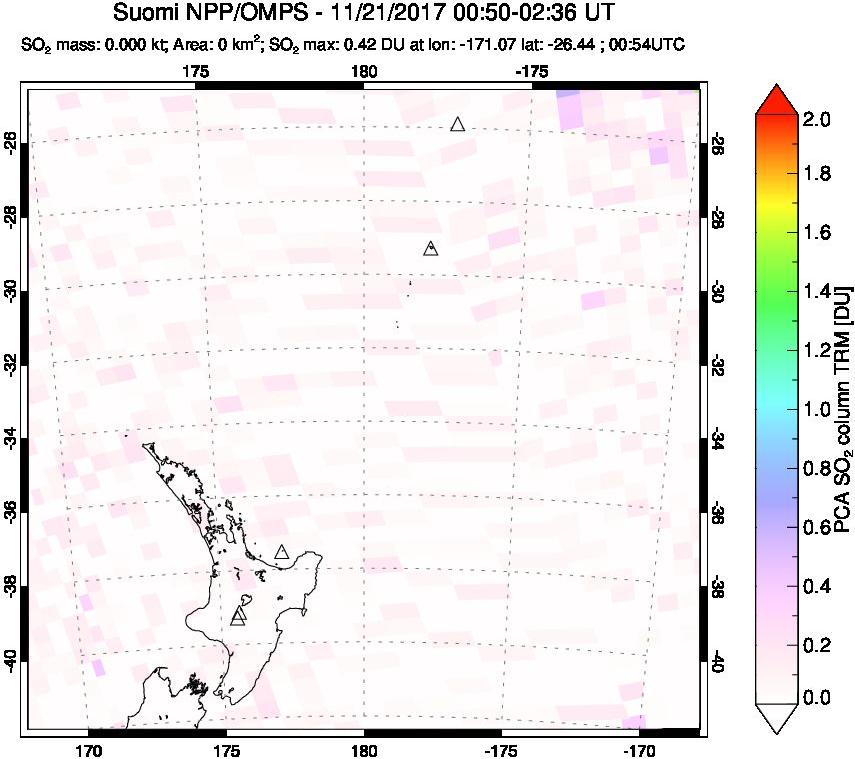 A sulfur dioxide image over New Zealand on Nov 21, 2017.